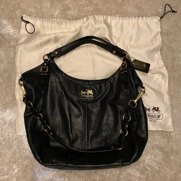 Black Shiny Leather Coach Bag with Gold Hardware